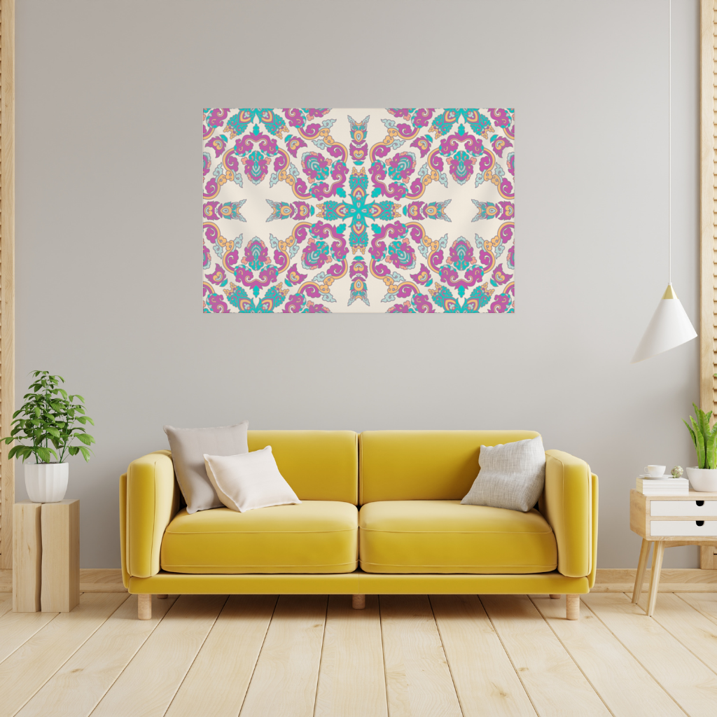 Renkli Oryantal Motifli Simetrik Mandala Deseni Duvar Örtüsü
