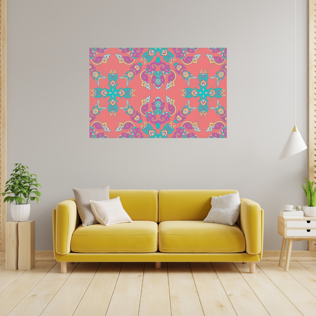 Canlı Kırmızı Zeminli Oryantal Mandala Deseni Duvar Örtüsü