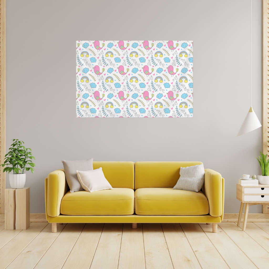 Sevimli Pembe Kuşlu ve Gökkuşaklı Çocuk Deseni Duvar Örtüsü