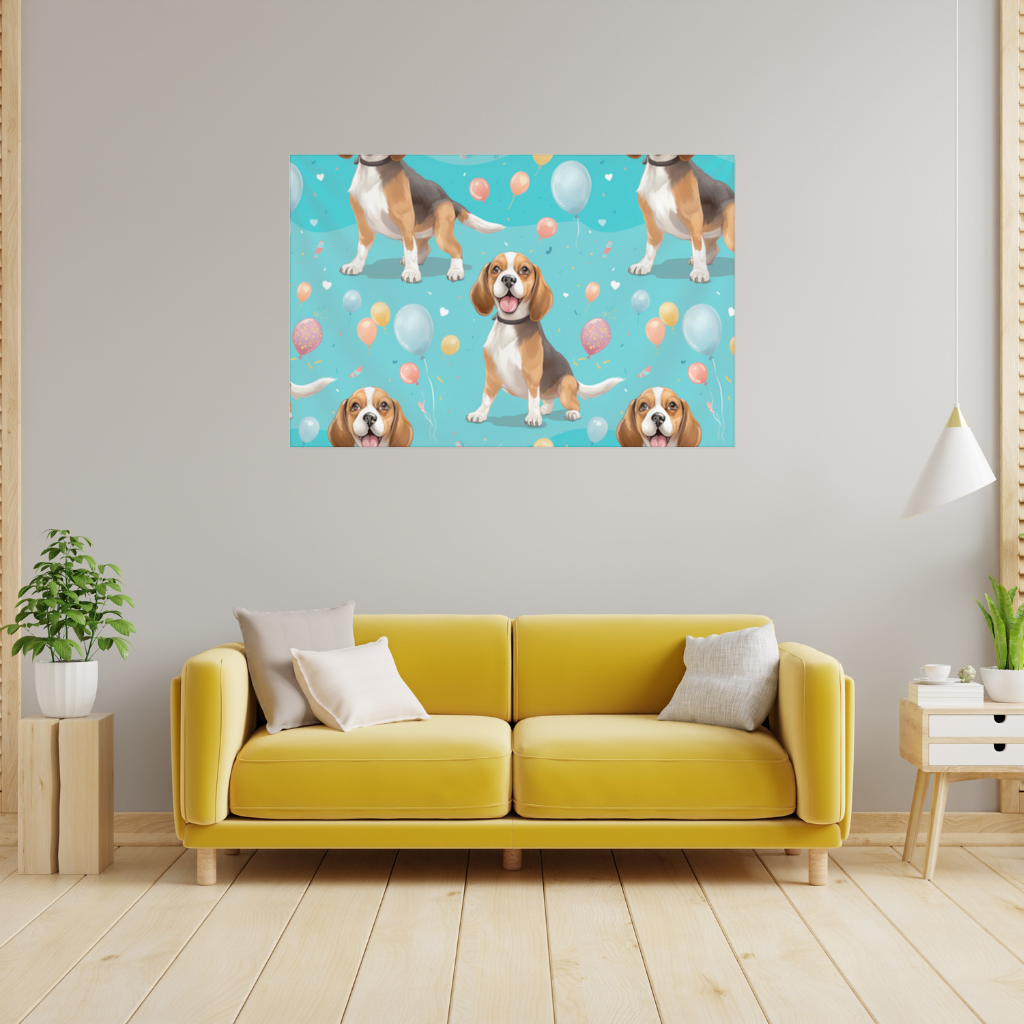 Sevimli Beagle Köpek ve Renkli Balonlar Desenli Tasarım Duvar Örtüsü