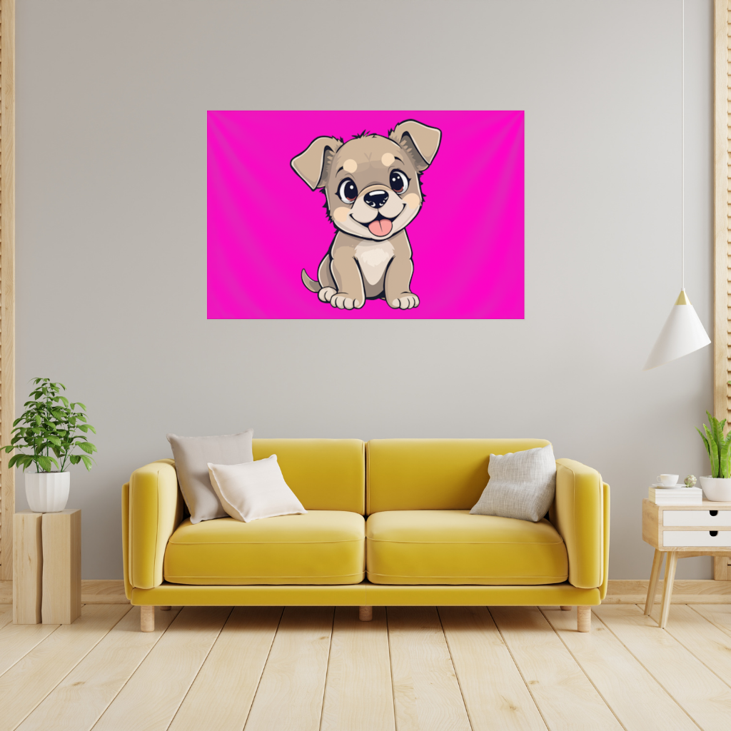 Cute Dog Illustration on Pink Background Wall Tapestry