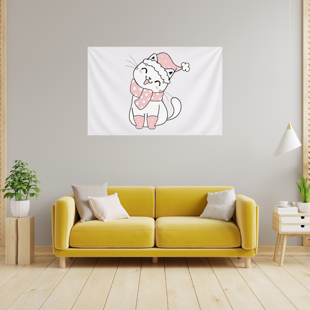 Cute Christmas Cat with Pink Polka Dot Outfit Wall Tapestry