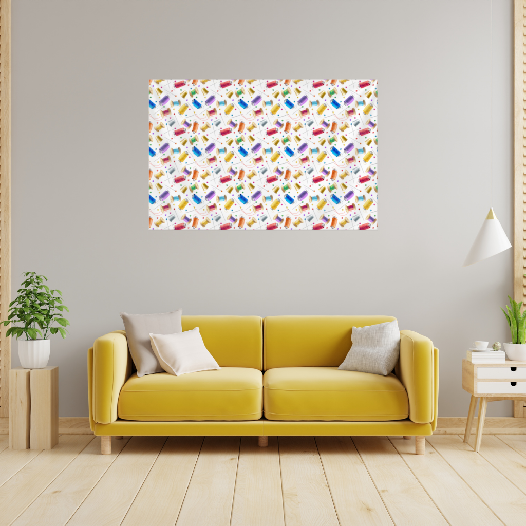 Colorful Thread Spools and Sewing Tools Pattern Wall Tapestry