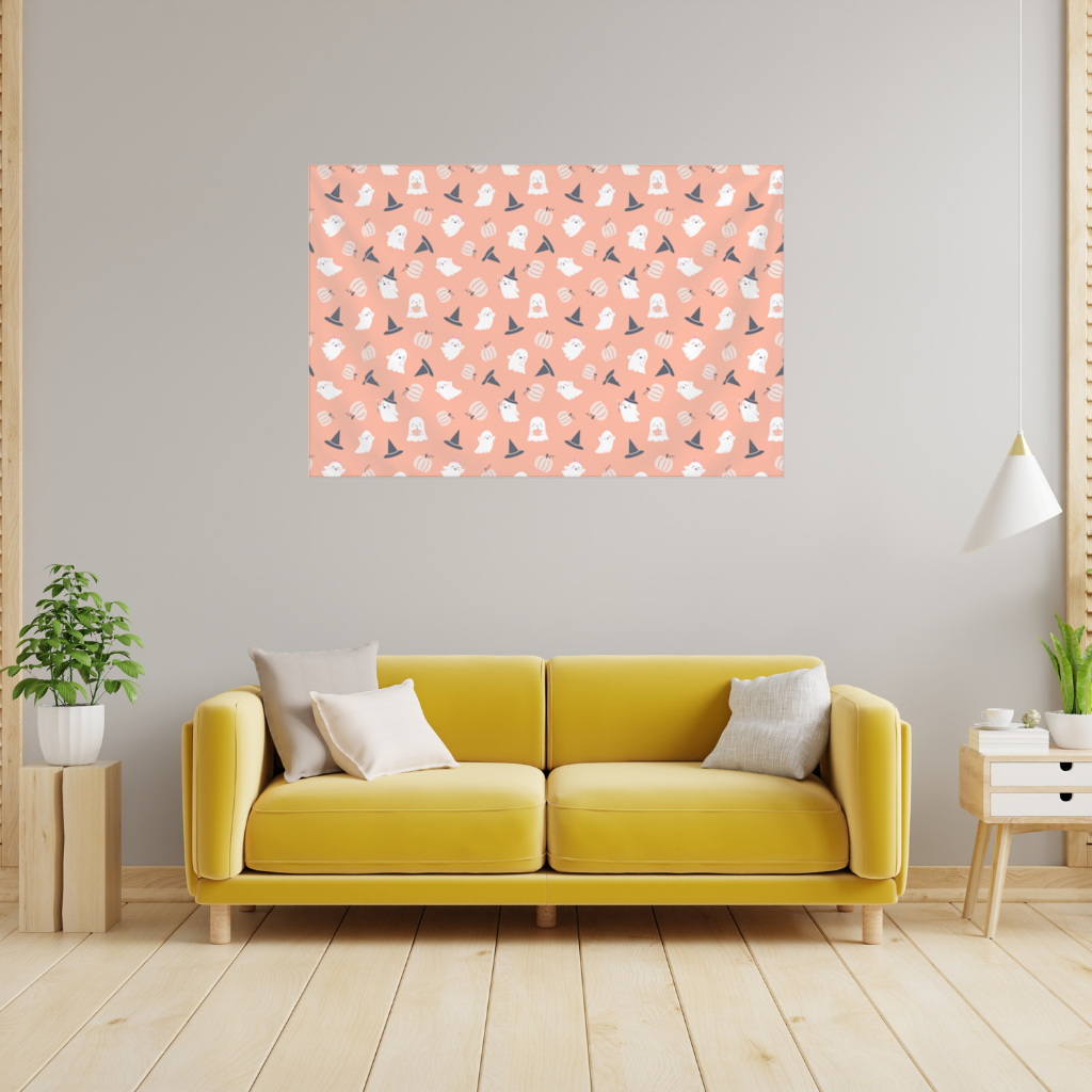 Cute Pumpkin and Witch Hat Ghost Pattern Wall Tapestry