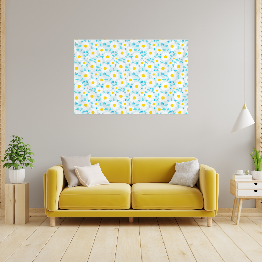 Daisy Garden and Turquoise Leaves Pattern Wall Tapestry