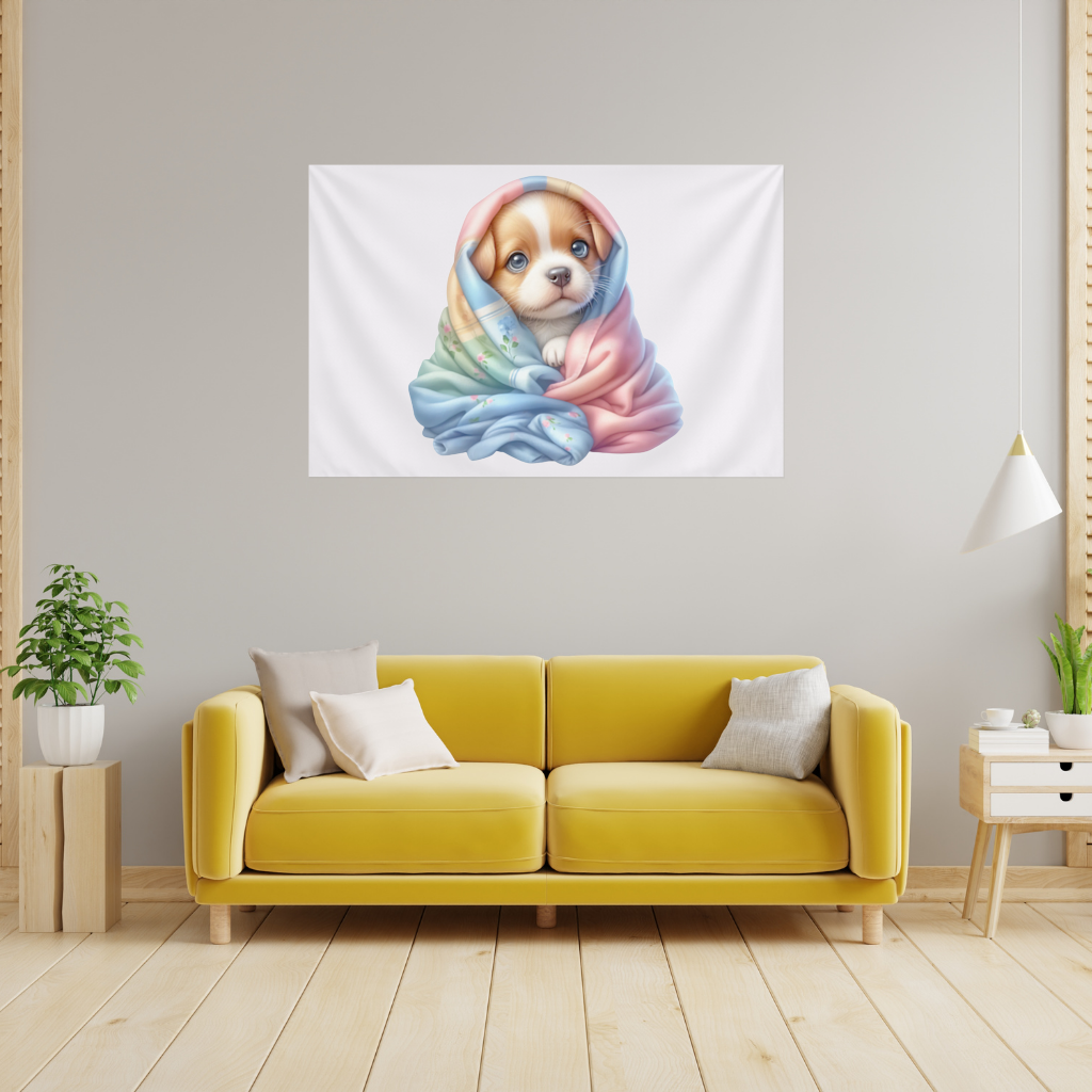 Renkli Battaniyeye Sarılı Yavru Köpek Duvar Örtüsü