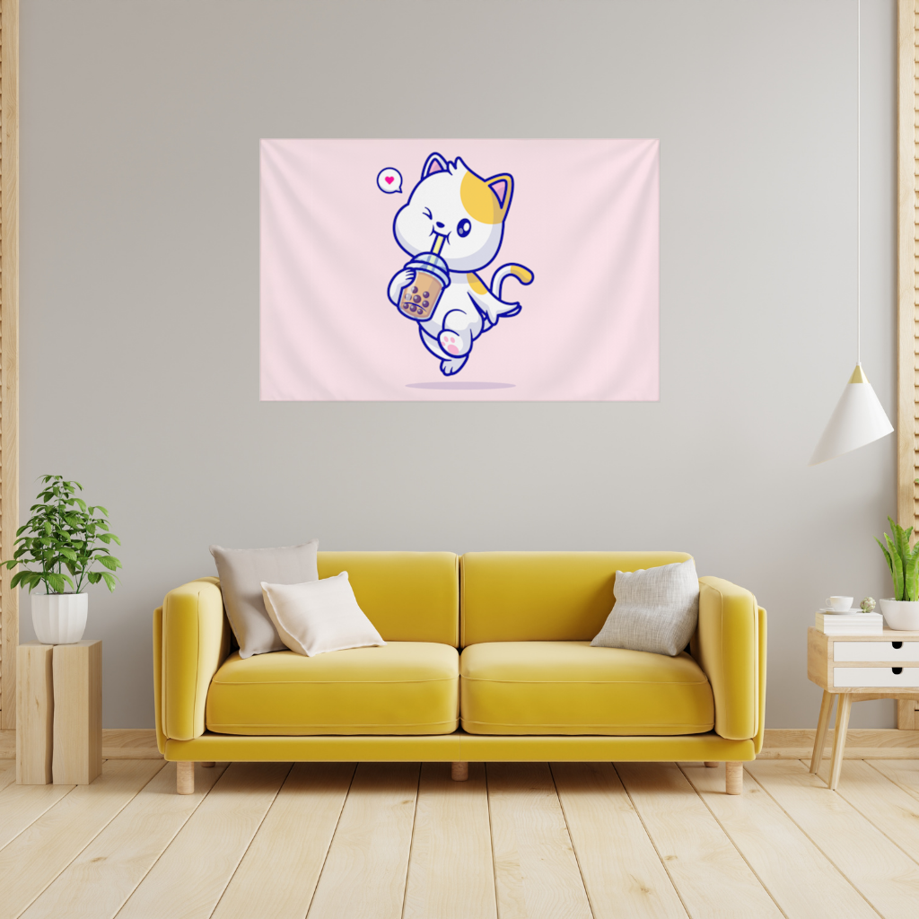 Kawaii Cat Drinking Boba Tea Wall Tapestry
