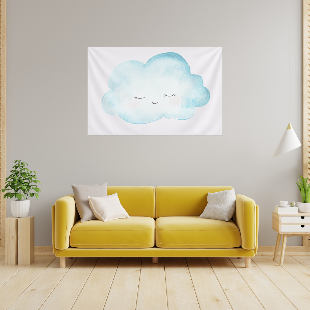 Watercolor Sleepy Cloud and Blue Stars Wall Tapestry