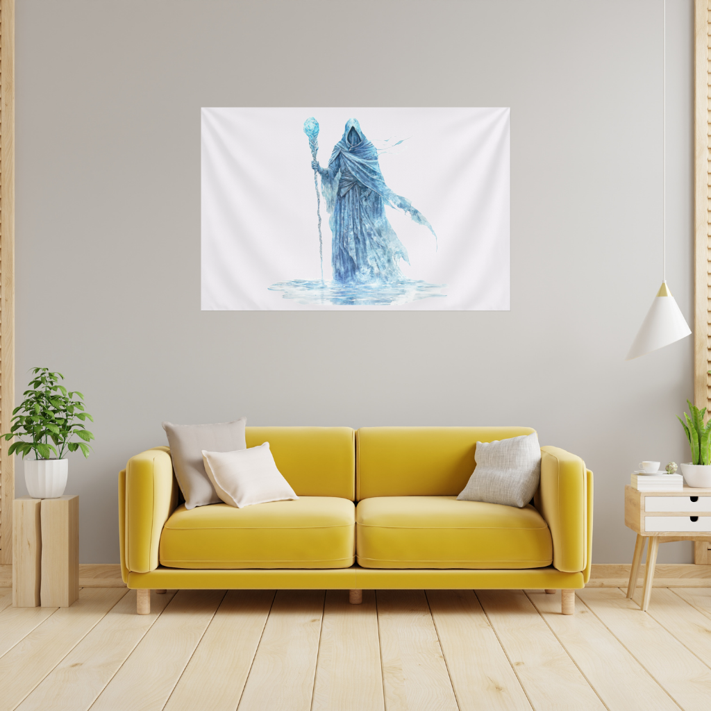 Blue Frost Mage Hooded Wizard Staff Wall Tapestry