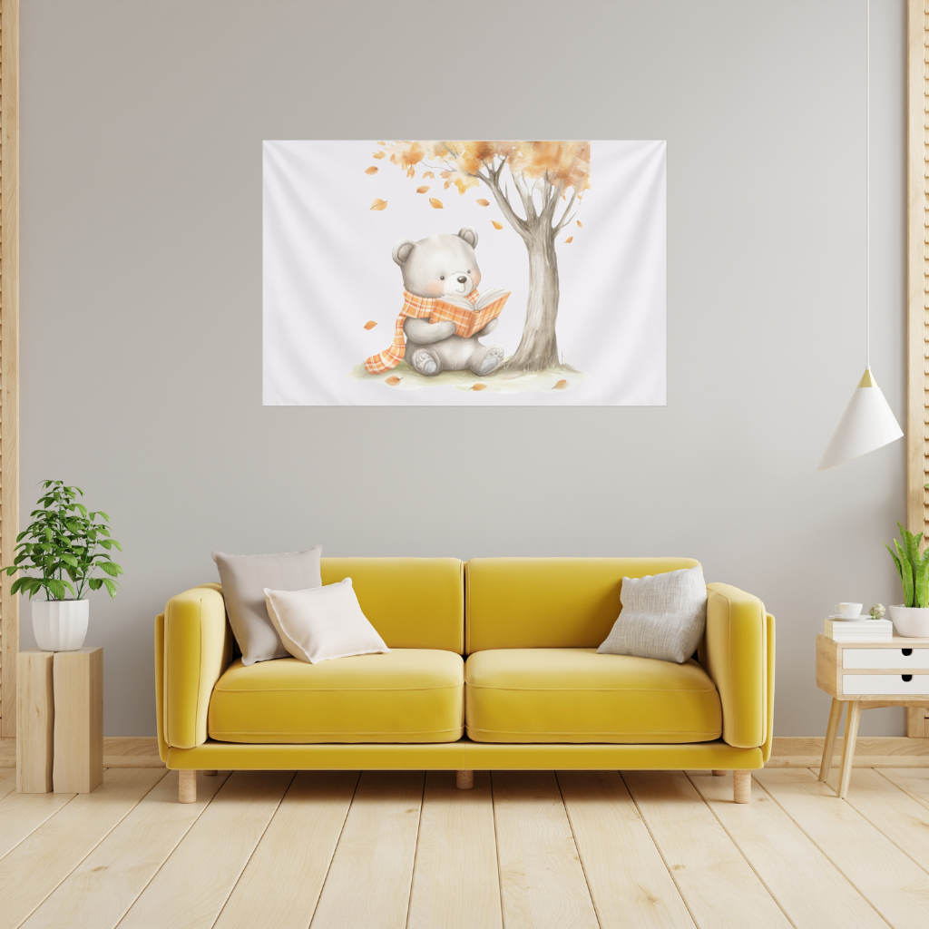 Reading Bear with Orange Scarf Wall Tapestry