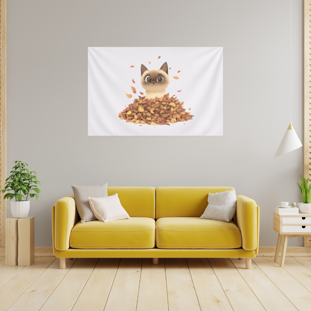 Siamese Cat in Autumn Leaf Pile Wall Tapestry