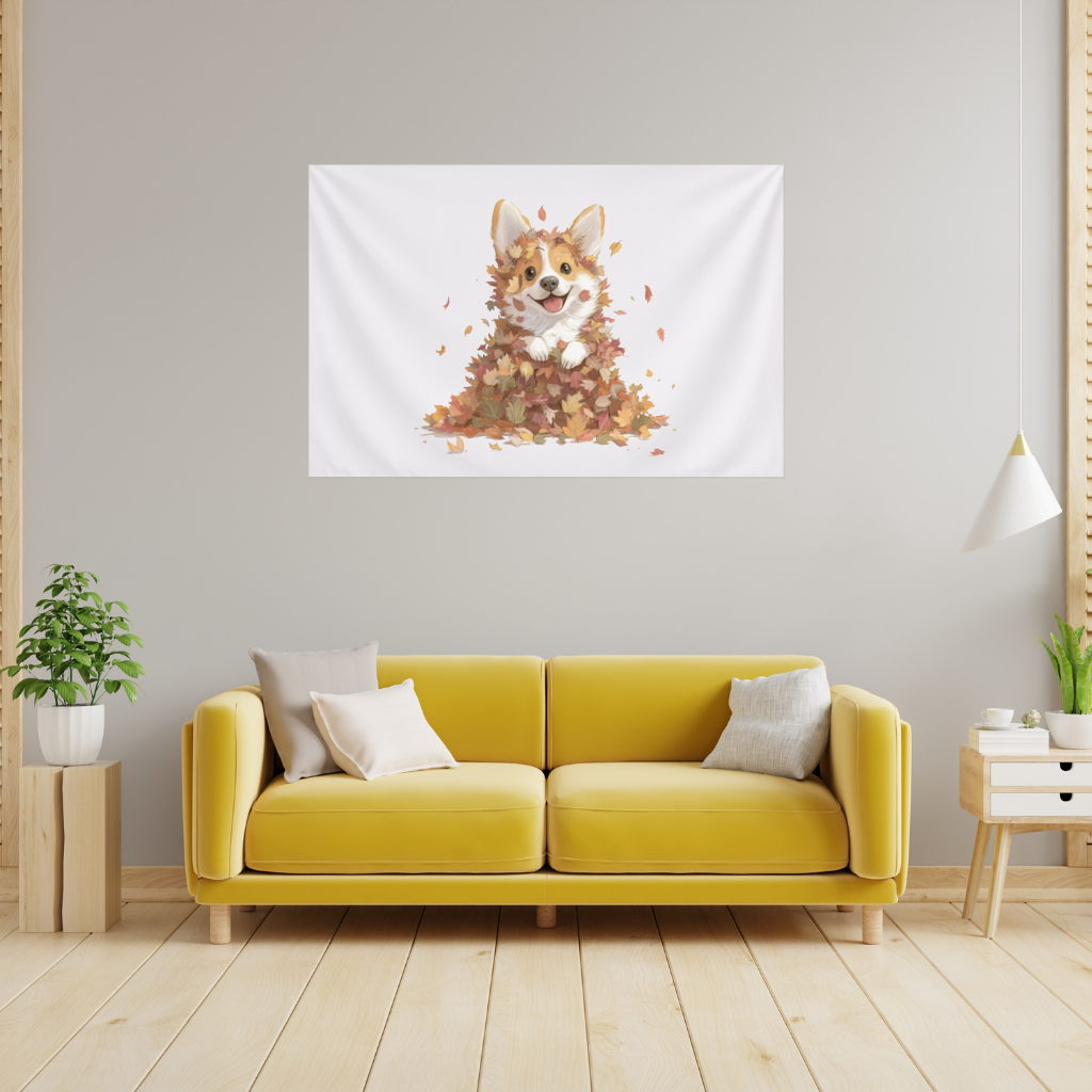 Happy Corgi Puppy in Fall Leaves Wall Tapestry