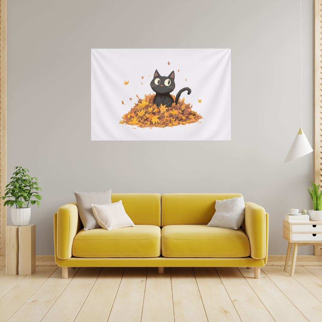 Sonbahar Yapraklarında Sevimli Siyah Kedi Duvar Örtüsü
