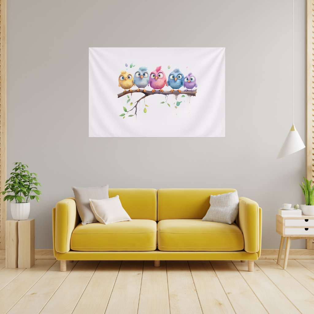 Daldaki Beş Renkli Kawaii Kuş Duvar Örtüsü