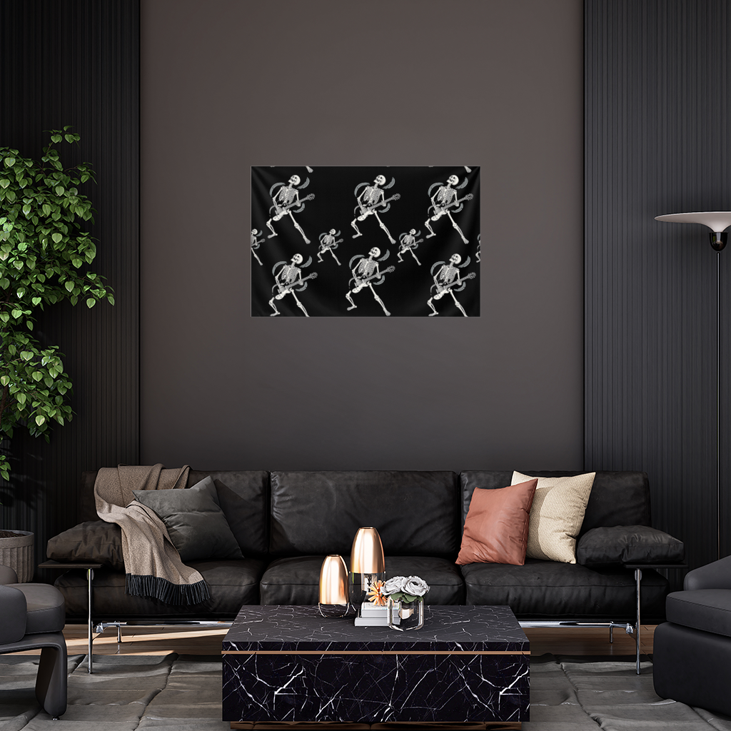 Rock Guitar Playing Skeleton Pattern on Black Wall Tapestry