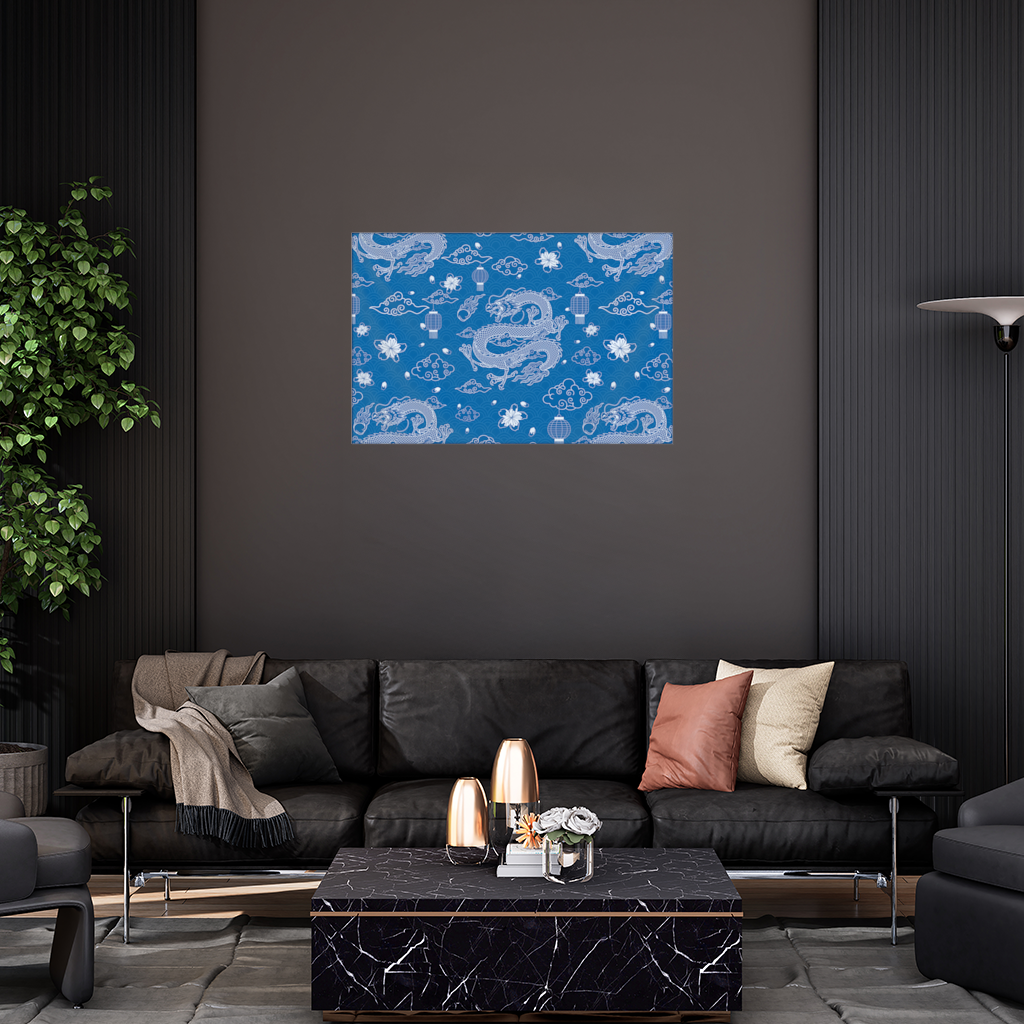Traditional Dragon Pattern on Blue Background Wall Tapestry