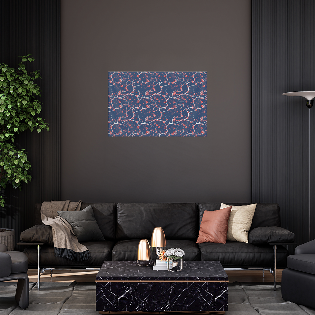 Red Floral Branch Pattern on Navy Background Wall Tapestry