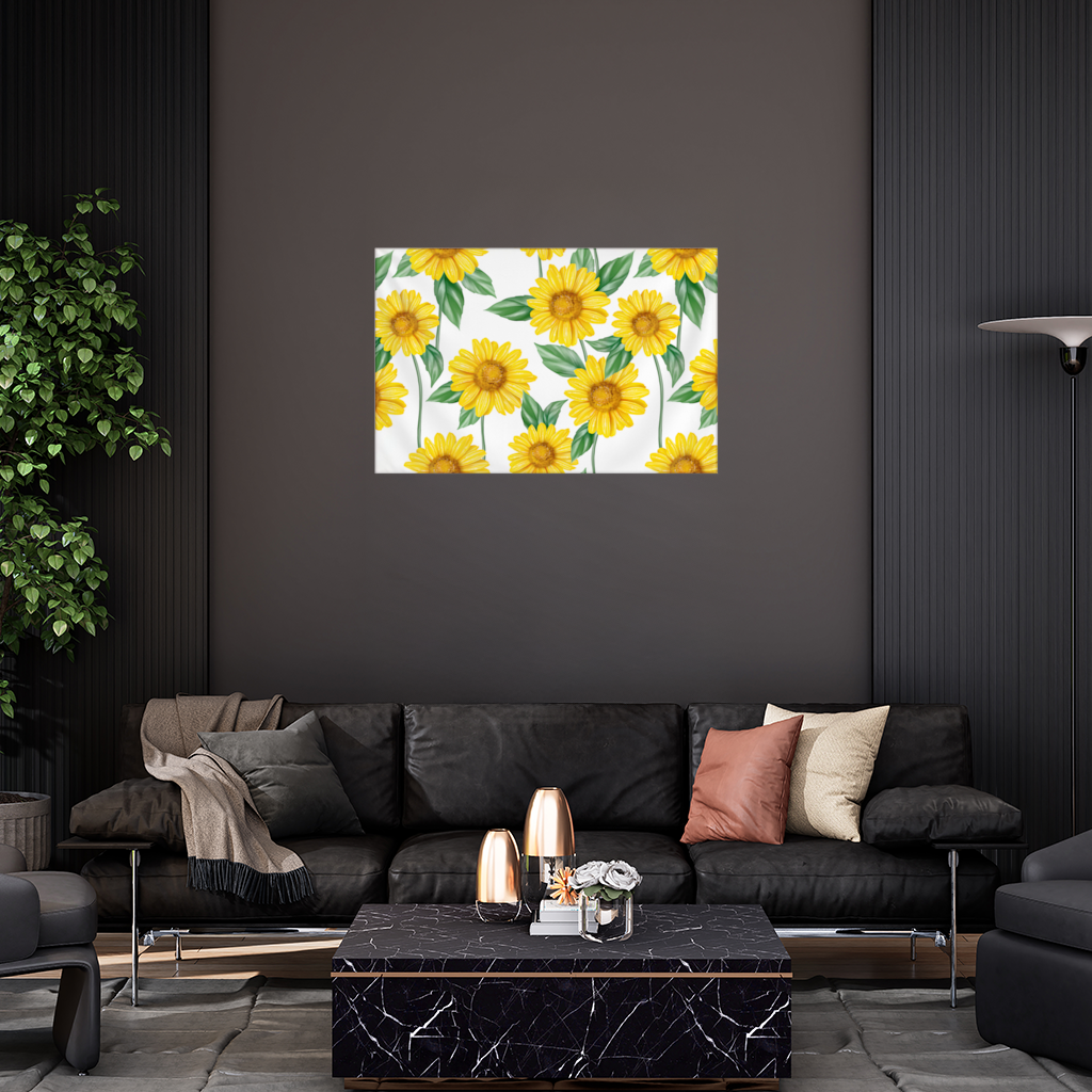 Vibrant Yellow Sunflower and Green Leaf Pattern Illustration Wall Tapestry