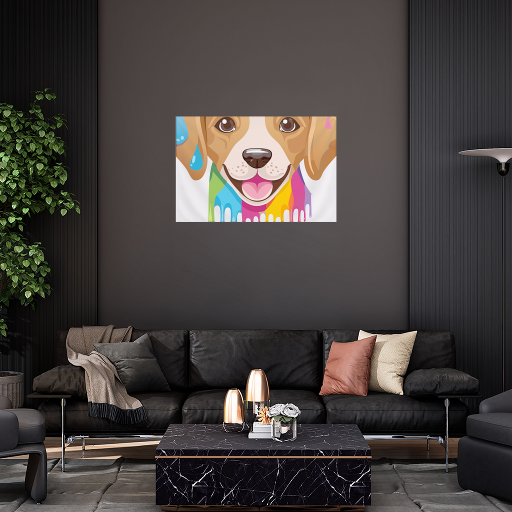 Renkli Boya Damlalı Mutlu Köpek Tasarımı Duvar Örtüsü
