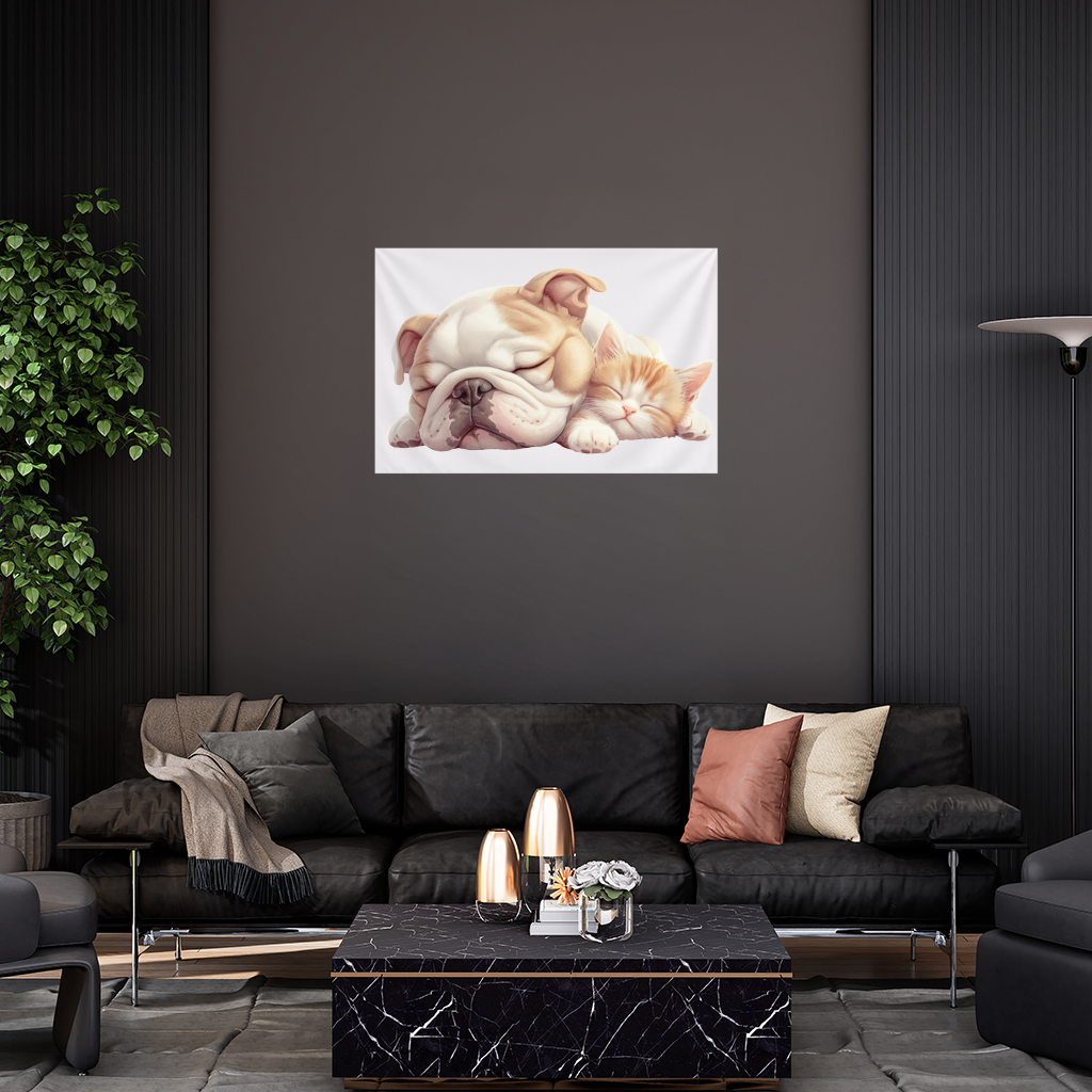 Sleeping Bulldog and Ginger Kitten Wall Tapestry