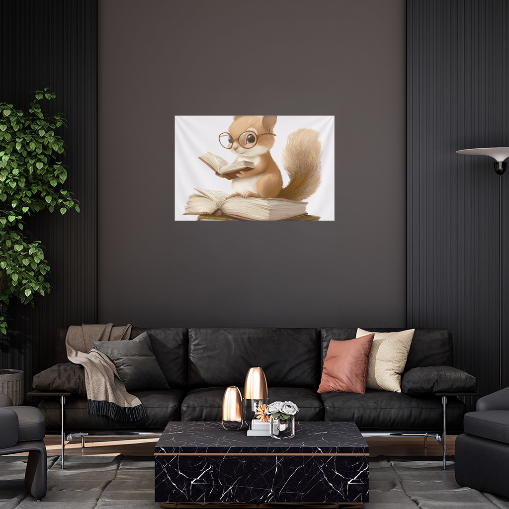 Scholarly Squirrel Reading on Book Stack Wall Tapestry