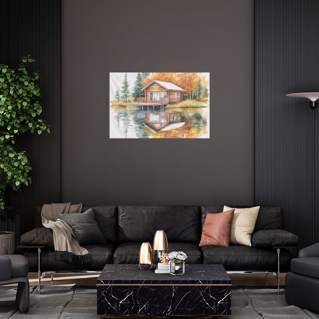 Lakeside Log Cabin Autumn Landscape Wall Tapestry