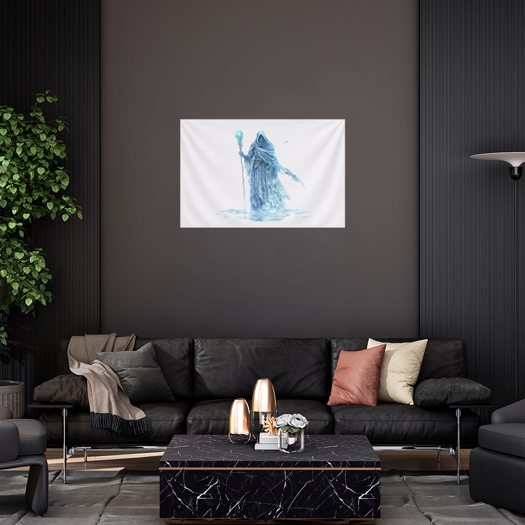 Blue Frost Mage Hooded Wizard Staff Wall Tapestry