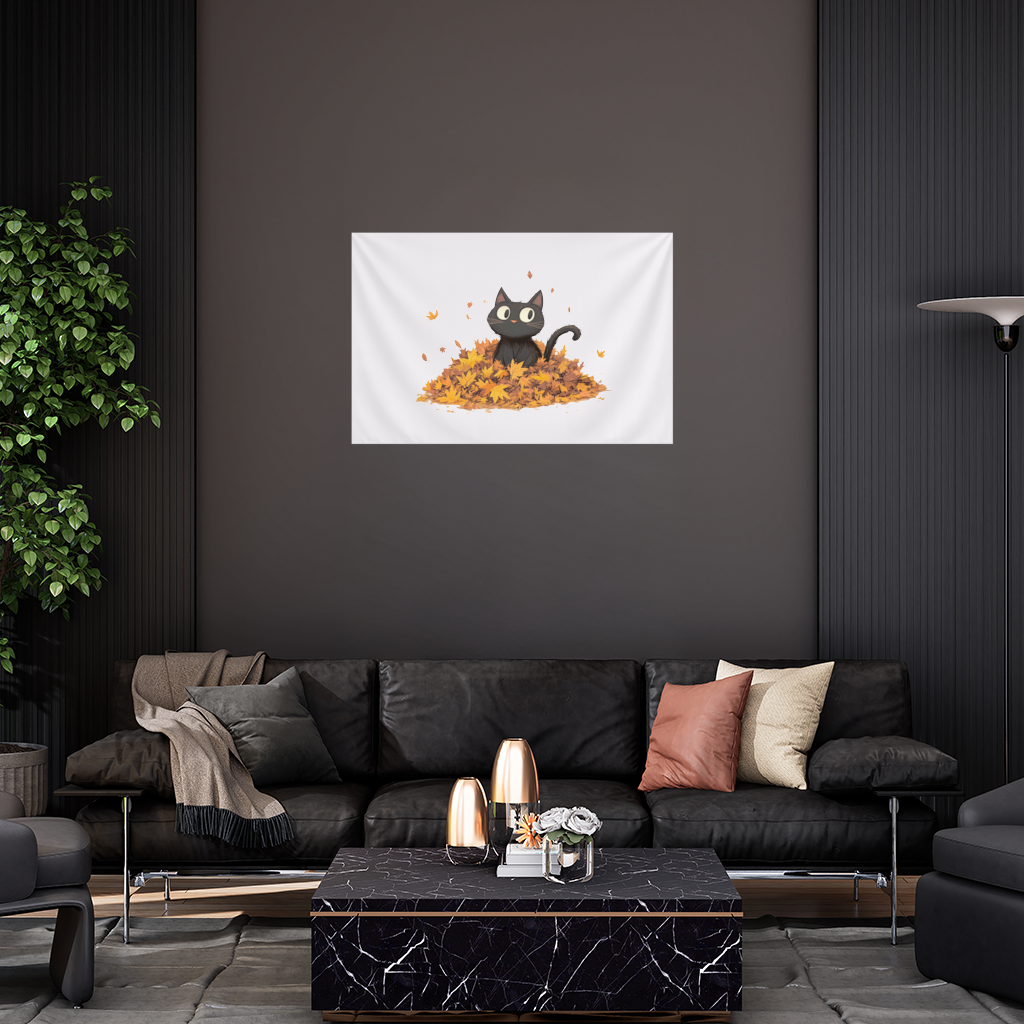 Cute Black Cat in Autumn Leaves Wall Tapestry