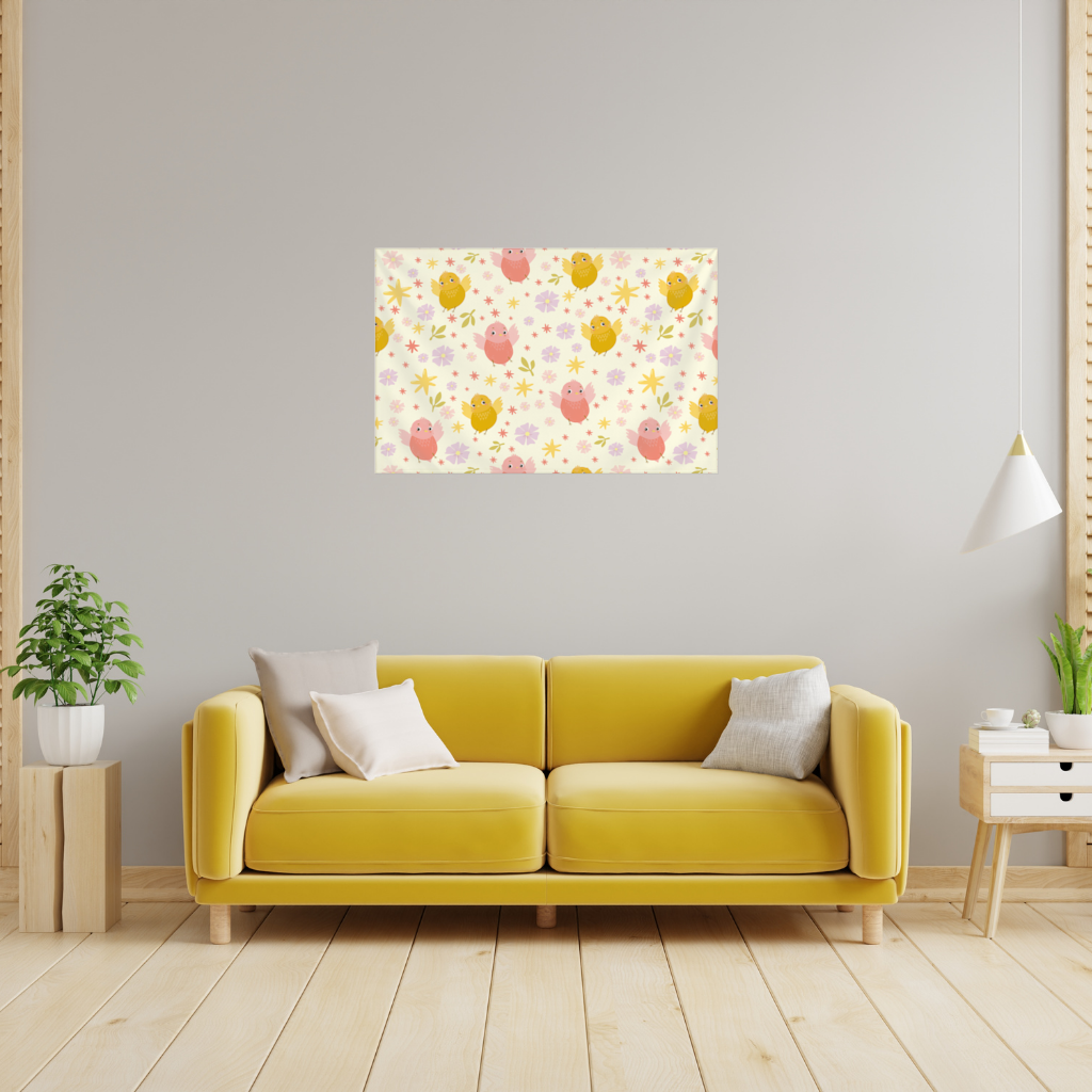 Sevimli Kuşlar ve Çiçekler Desenli Pastel Bahar İllüstrasyonu Duvar Örtüsü