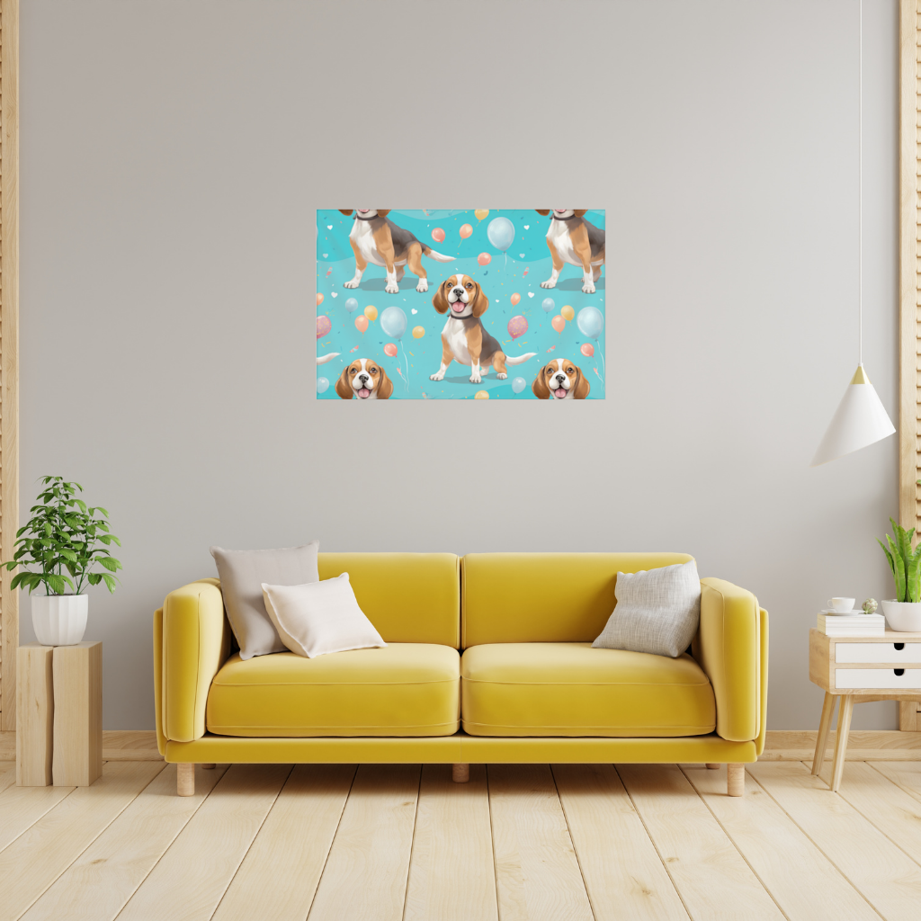 Sevimli Beagle Köpek ve Renkli Balonlar Desenli Tasarım Duvar Örtüsü
