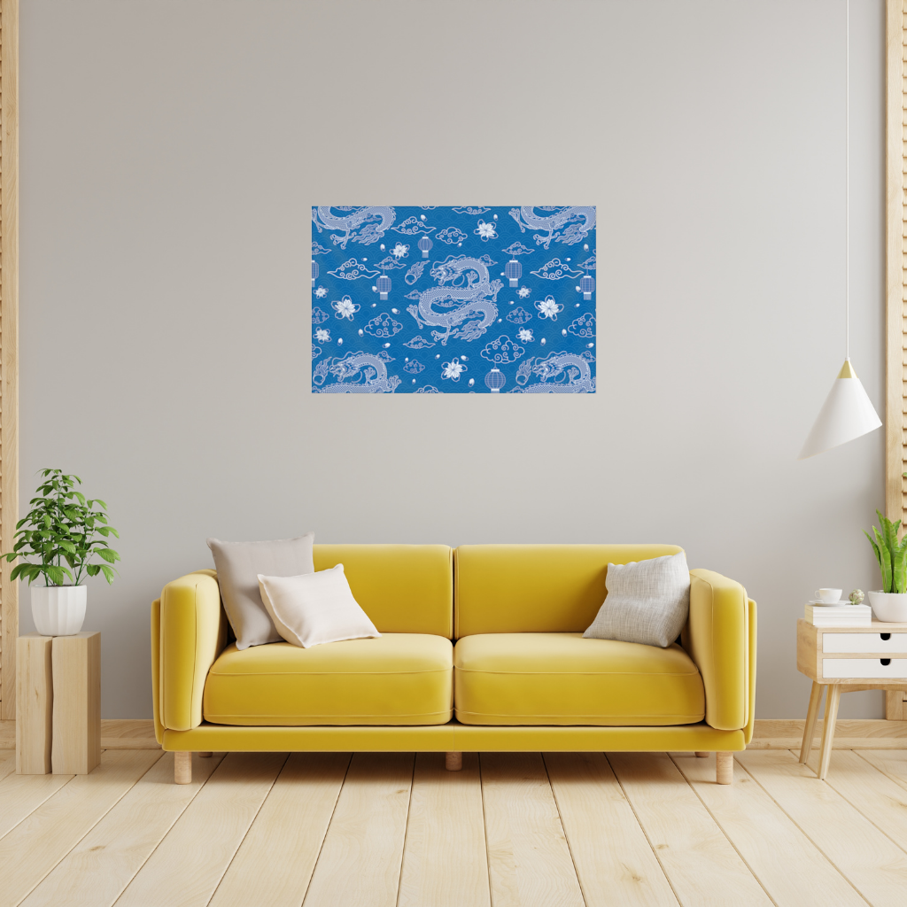 Traditional Dragon Pattern on Blue Background Wall Tapestry