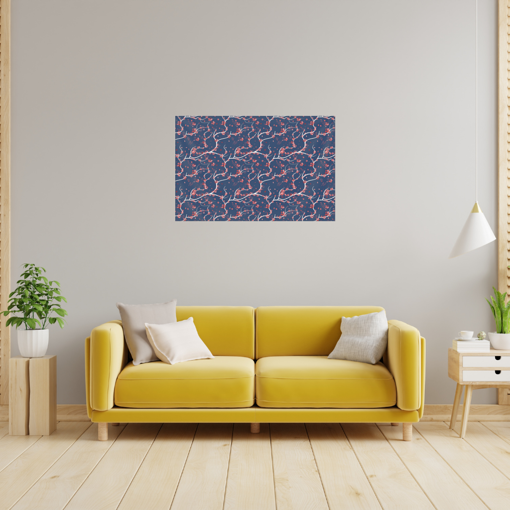 Red Floral Branch Pattern on Navy Background Wall Tapestry