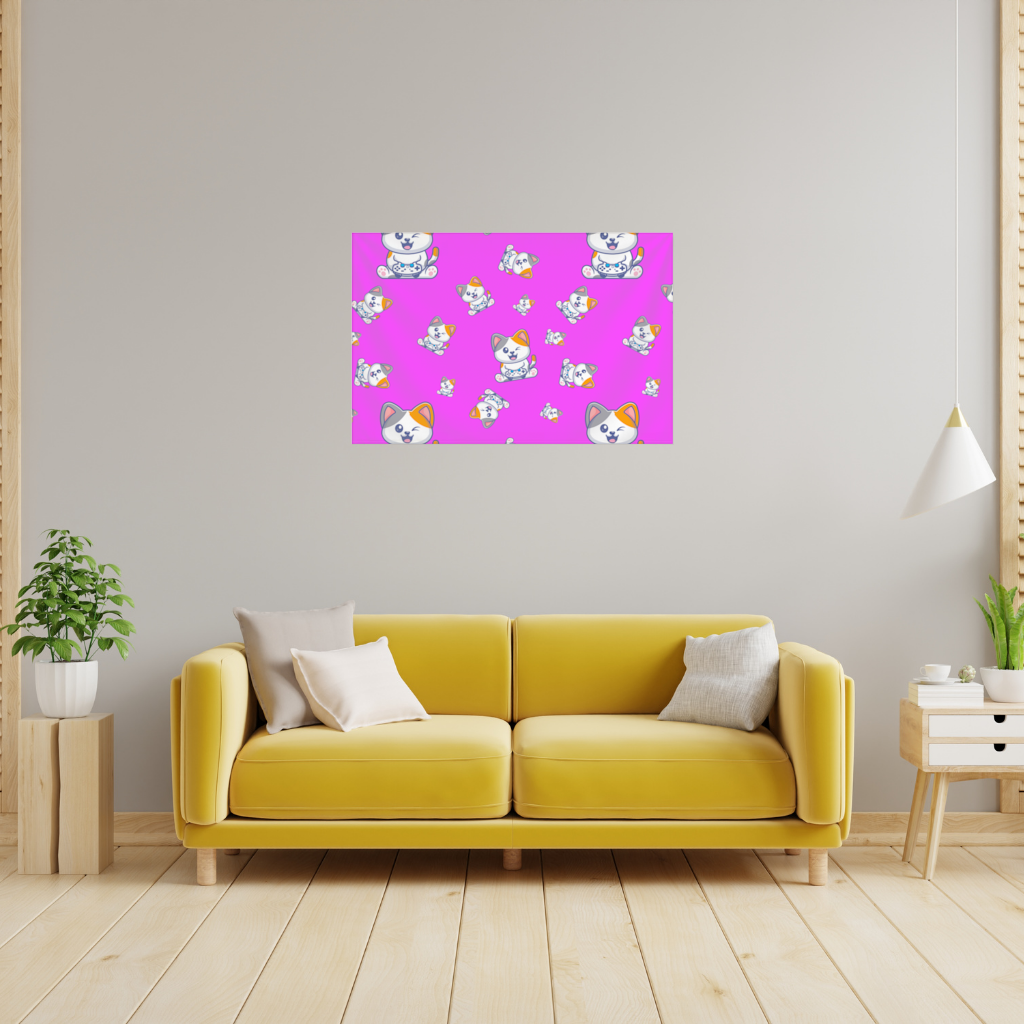 Pembe Zemin Üzerinde Sevimli Çizgi Kedi Deseni Duvar Örtüsü