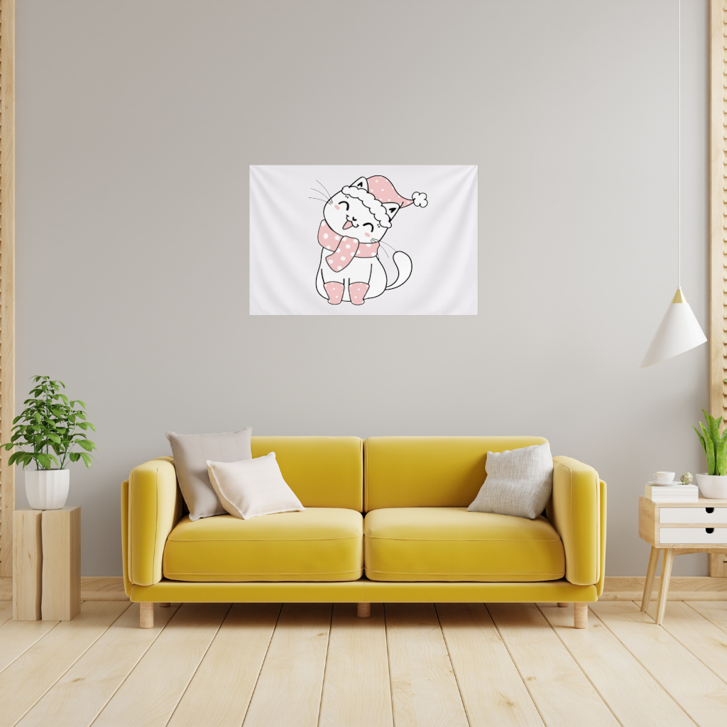 Cute Christmas Cat with Pink Polka Dot Outfit Wall Tapestry