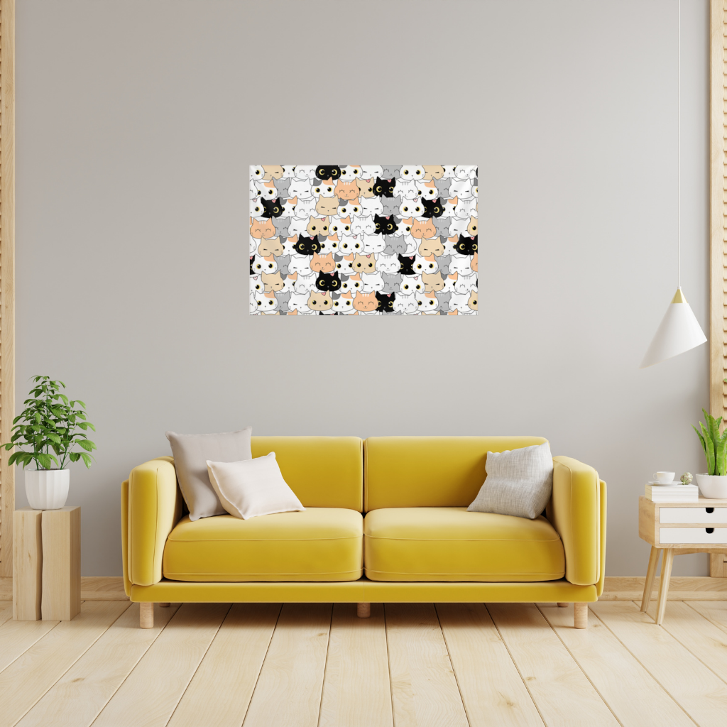 Renkli ve Sevimli Kedi Suratları Deseni Duvar Örtüsü