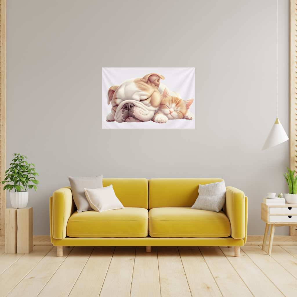 Uyuyan Buldog ve Yavru Kedi Duvar Örtüsü