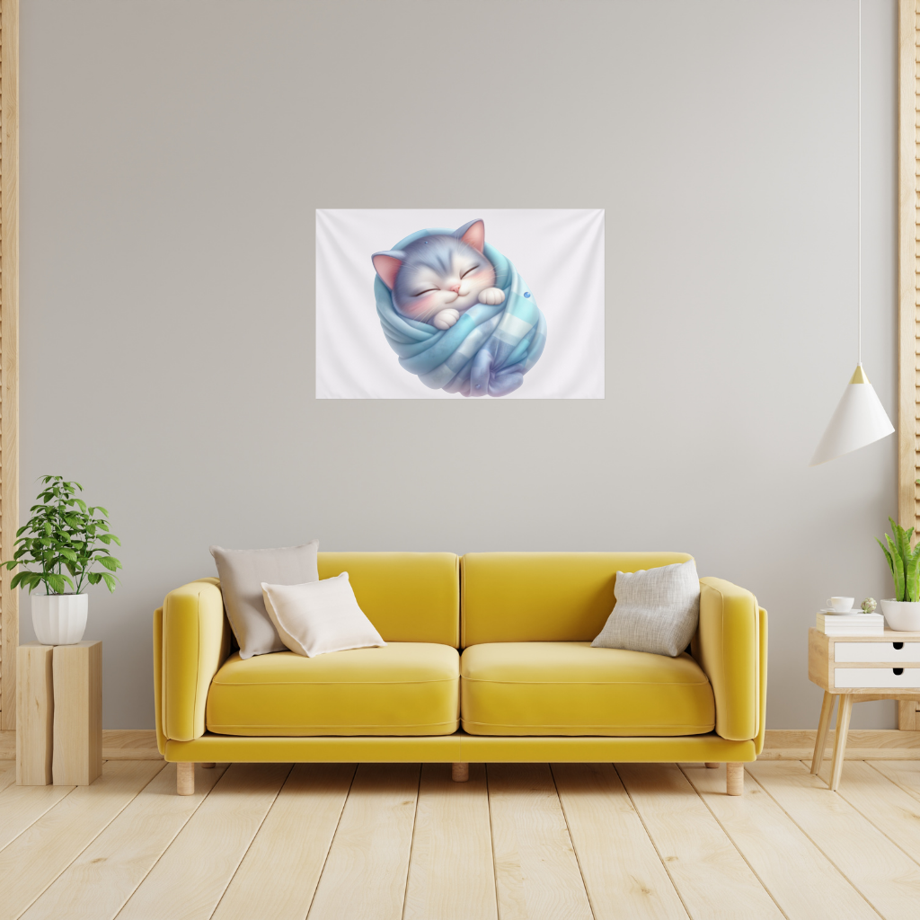 Kawaii Mavi Battaniyeli Uyuyan Kedi Duvar Örtüsü