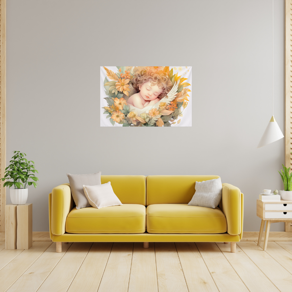Sleeping Cherub in Cottagecore Flowers Wall Tapestry