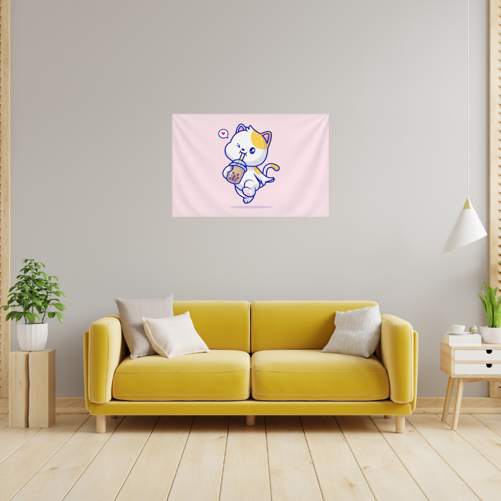 Kawaii Cat Drinking Boba Tea Wall Tapestry