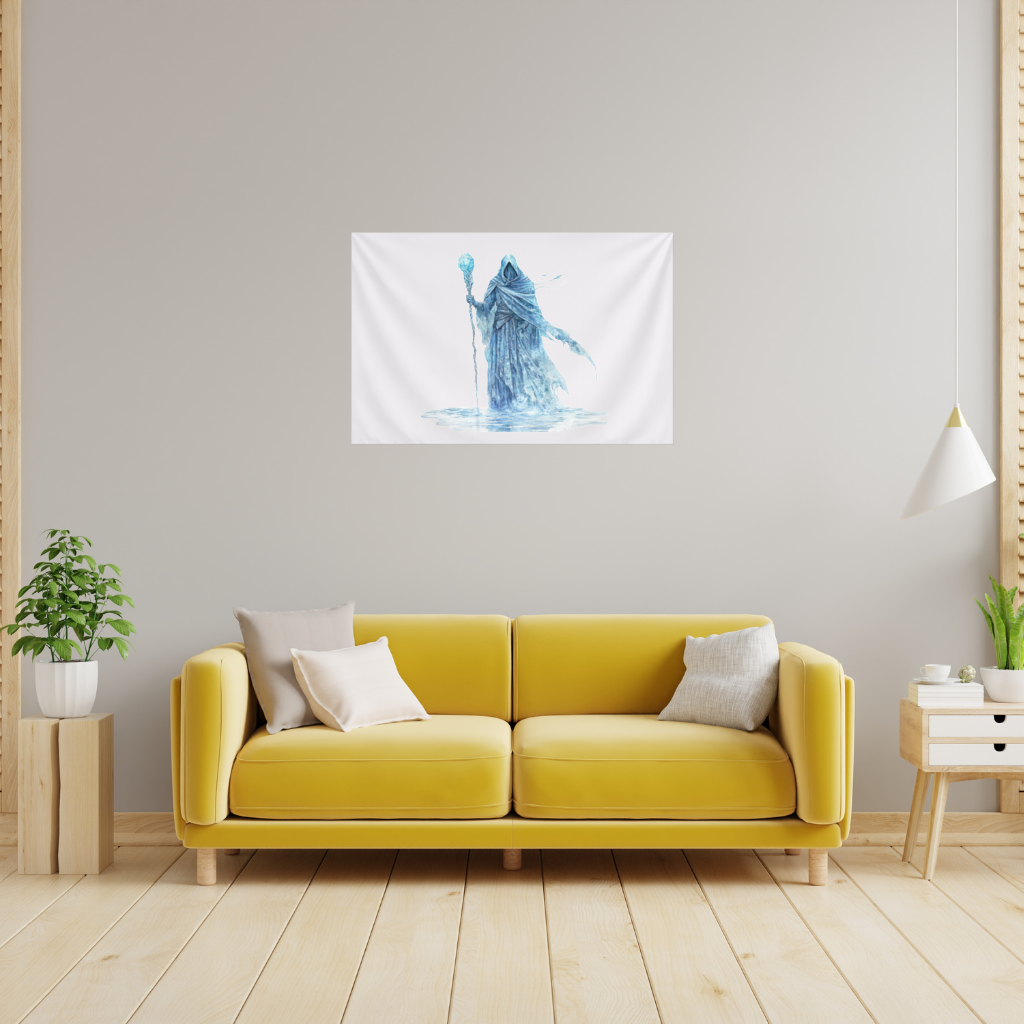 Blue Frost Mage Hooded Wizard Staff Wall Tapestry