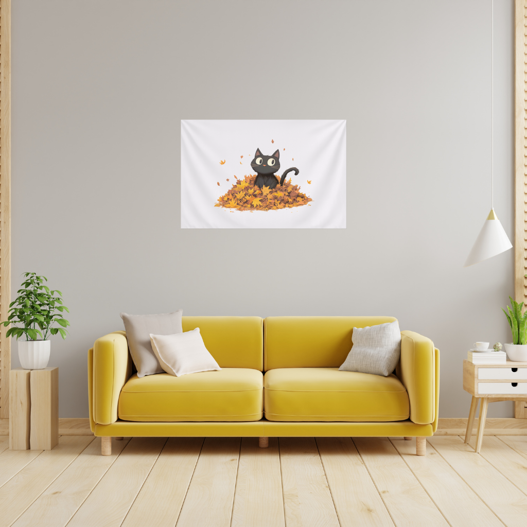 Cute Black Cat in Autumn Leaves Wall Tapestry