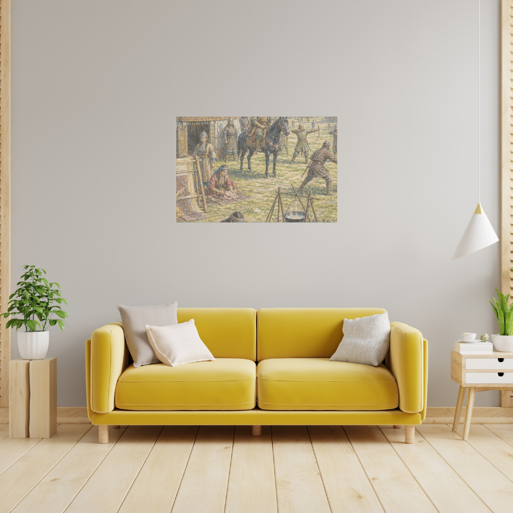 Ancient Steppe Heritage Historic Turkish Camp Scene Art Wall Tapestry