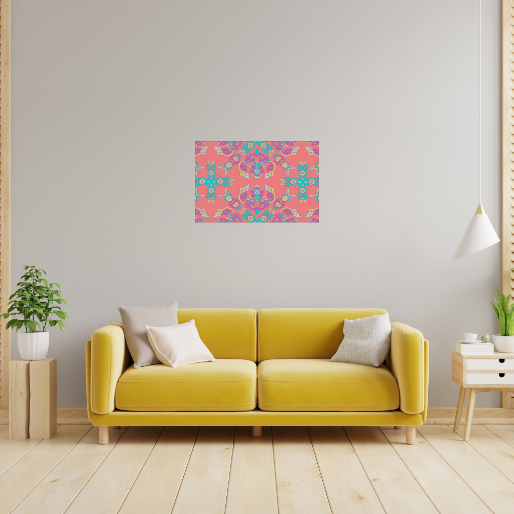 Canlı Kırmızı Zeminli Oryantal Mandala Deseni Duvar Örtüsü