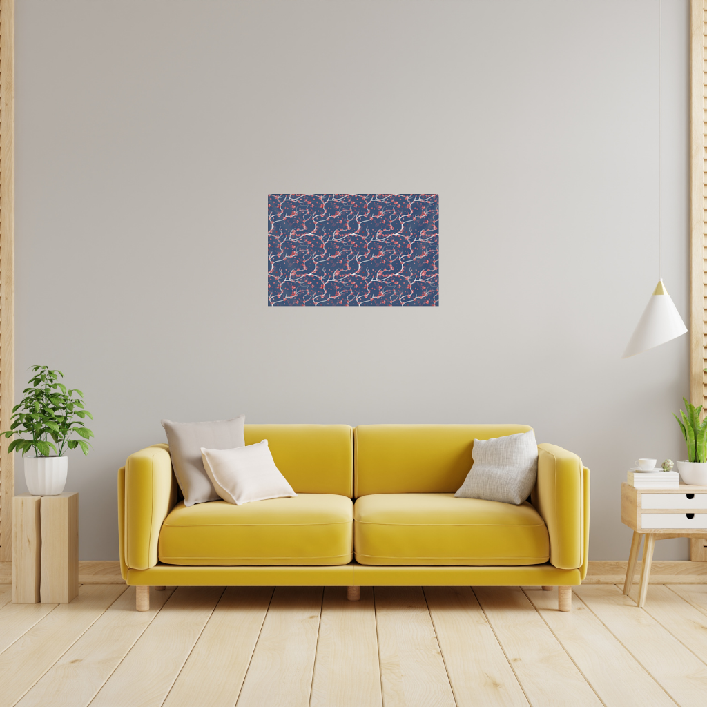 Red Floral Branch Pattern on Navy Background Wall Tapestry