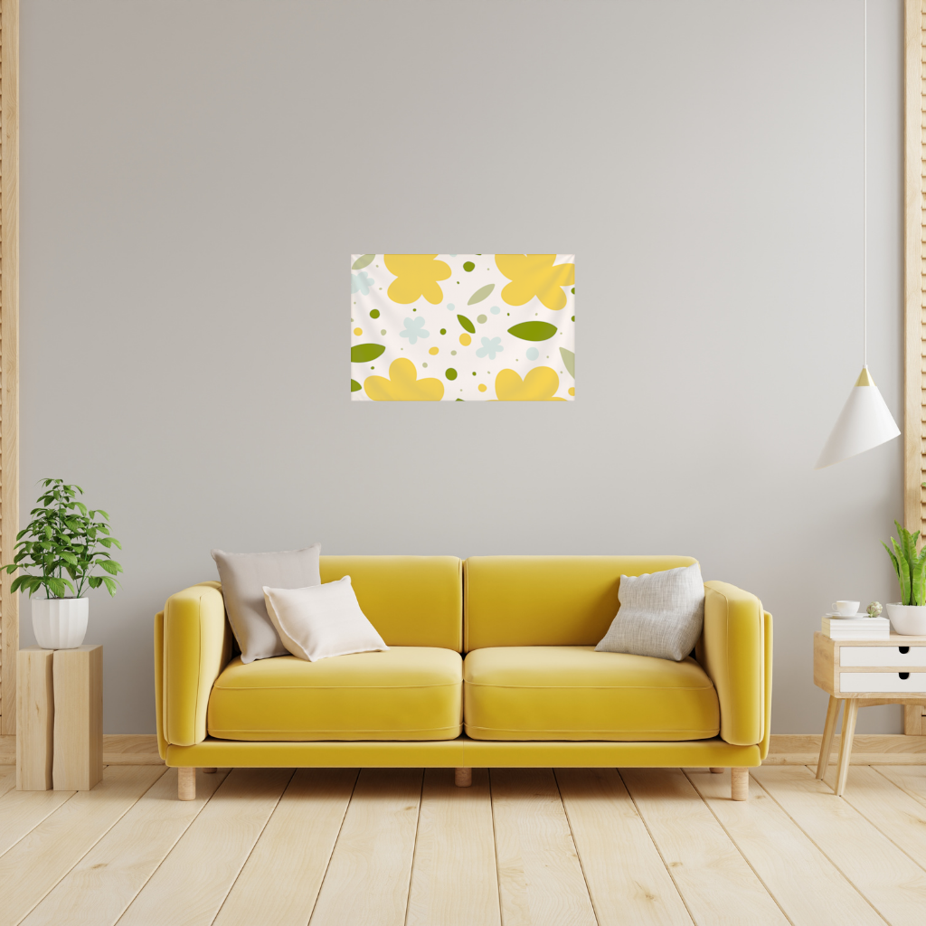 Sarı Çiçekli ve Yapraklı Boho Tarzı Dikişsiz Desen Duvar Örtüsü