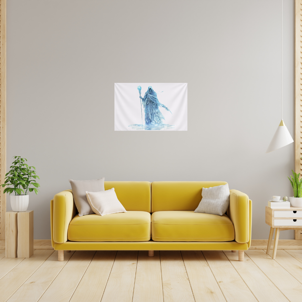 Blue Frost Mage Hooded Wizard Staff Wall Tapestry