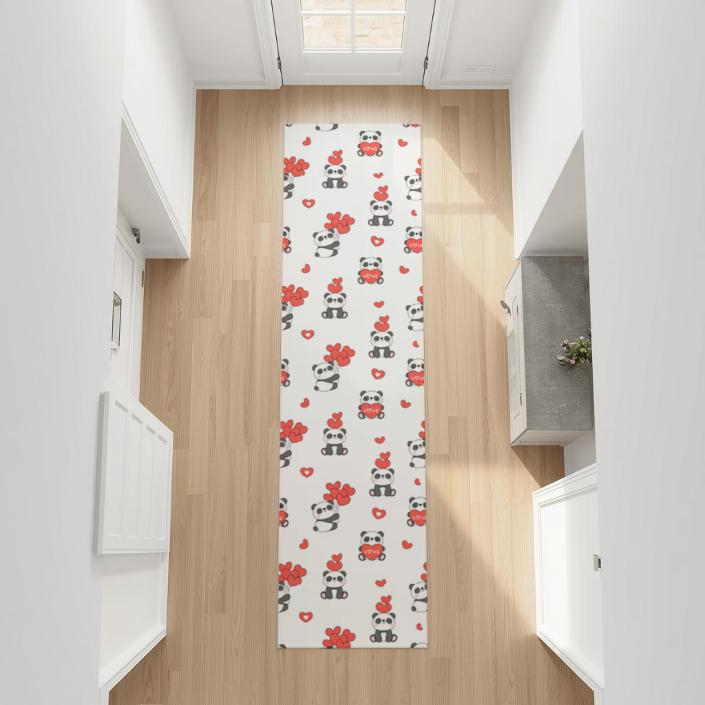 Cute Panda Valentines Day Love Heart Pattern Design Hallway & Entryway Rug