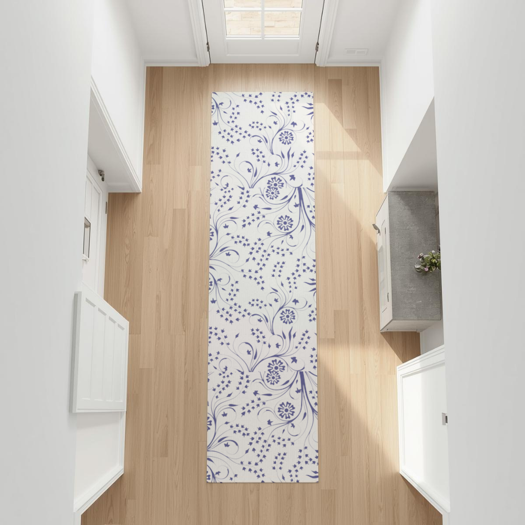 Blue White Vintage Floral Pattern Hallway & Entryway Rug