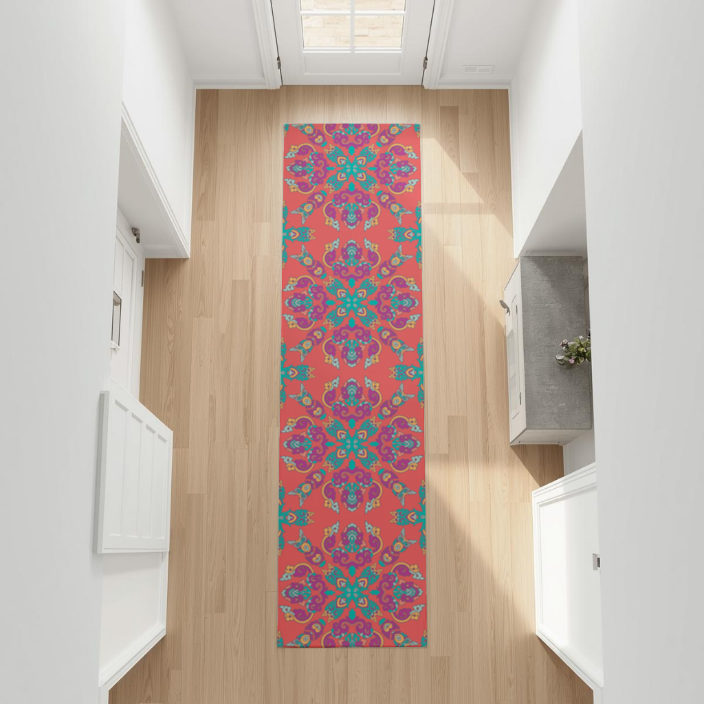 Vibrant Red Oriental Mandala Pattern Hallway & Entryway Rug