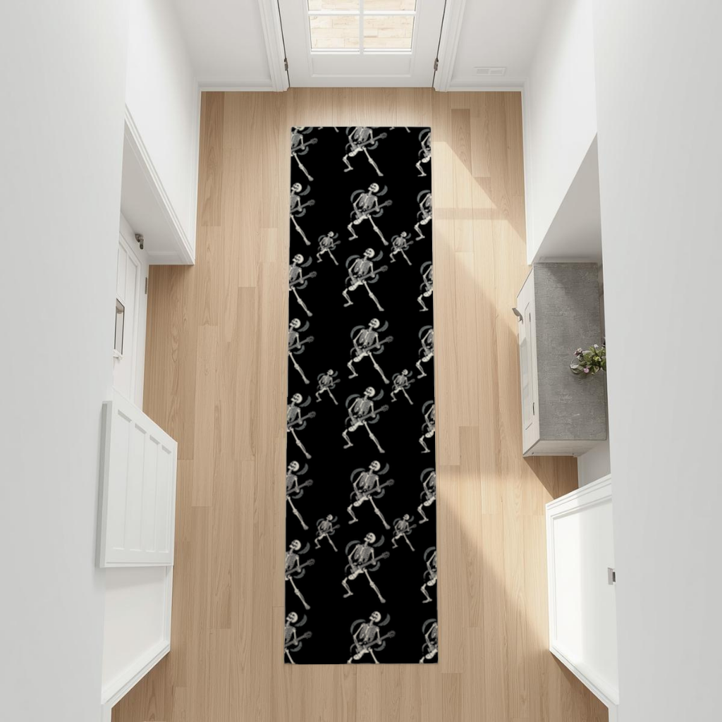 Rock Guitar Playing Skeleton Pattern on Black Hallway & Entryway Rug